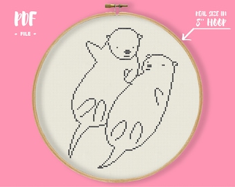 Cute Otter Love Cross Stitch Pattern, Monochrome simple easy embroidery, b&w animals art, for beginners, Couple wedding gift, engagement