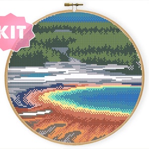 Yellowstone National Park Kreuzstichpackung, Natur, Kreuzstichvorlage, Natur, Landschaft, Berge, Wald, Stickmuster, sofort PDF USA