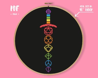Dice Sword Cross Stitch Pattern, Rainbow Game Embroidery, Dice Needlepoint, Easy chart for beginner, gamer present, geek armor, nerdy decor