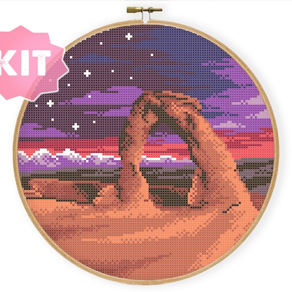 Arches National Park Cross Stitch Kit, mountains, natural stone arches embroidery landscape, Utah desert Xstitch Night Nature Stars