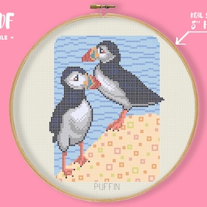 Puffin Bird Collection Cross Stitch Pattern, Atlantic Animal Embroidery, Abstract Background Needlepoint, Realistic Cute Xstitch Birdy