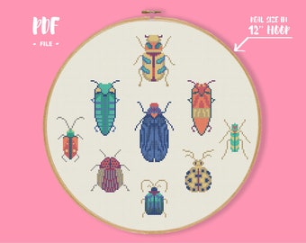 Bug scarabée motif point de croix, broderie d'insectes, tableau Xstitch de biologie de la nature, art mural animal réaliste, geek scientifique facile coloré