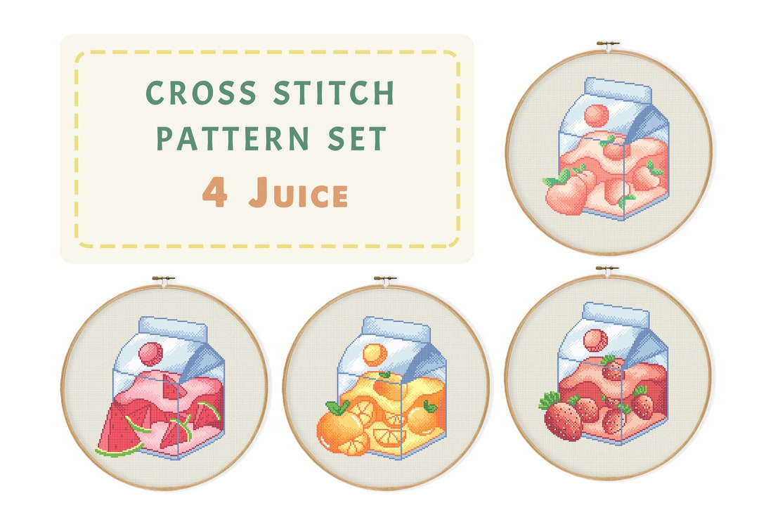 Set 4 Juice Cross Stitch Pattern, Fruit Juice Box Embroidery, Drink ...