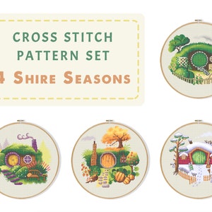 Set 4 Shire Seasons Cross Stitch Pattern, Fairy Tale House Needlepoint Story Book Home Xstitch Magic Cottage DIY Spring Summer Autumn Winter