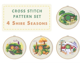 Set 4 Shire Seasons Cross Stitch Pattern, Fairy Tale House Needlepoint Story Book Home Xstitch Magic Cottage DIY Spring Summer Autumn Winter
