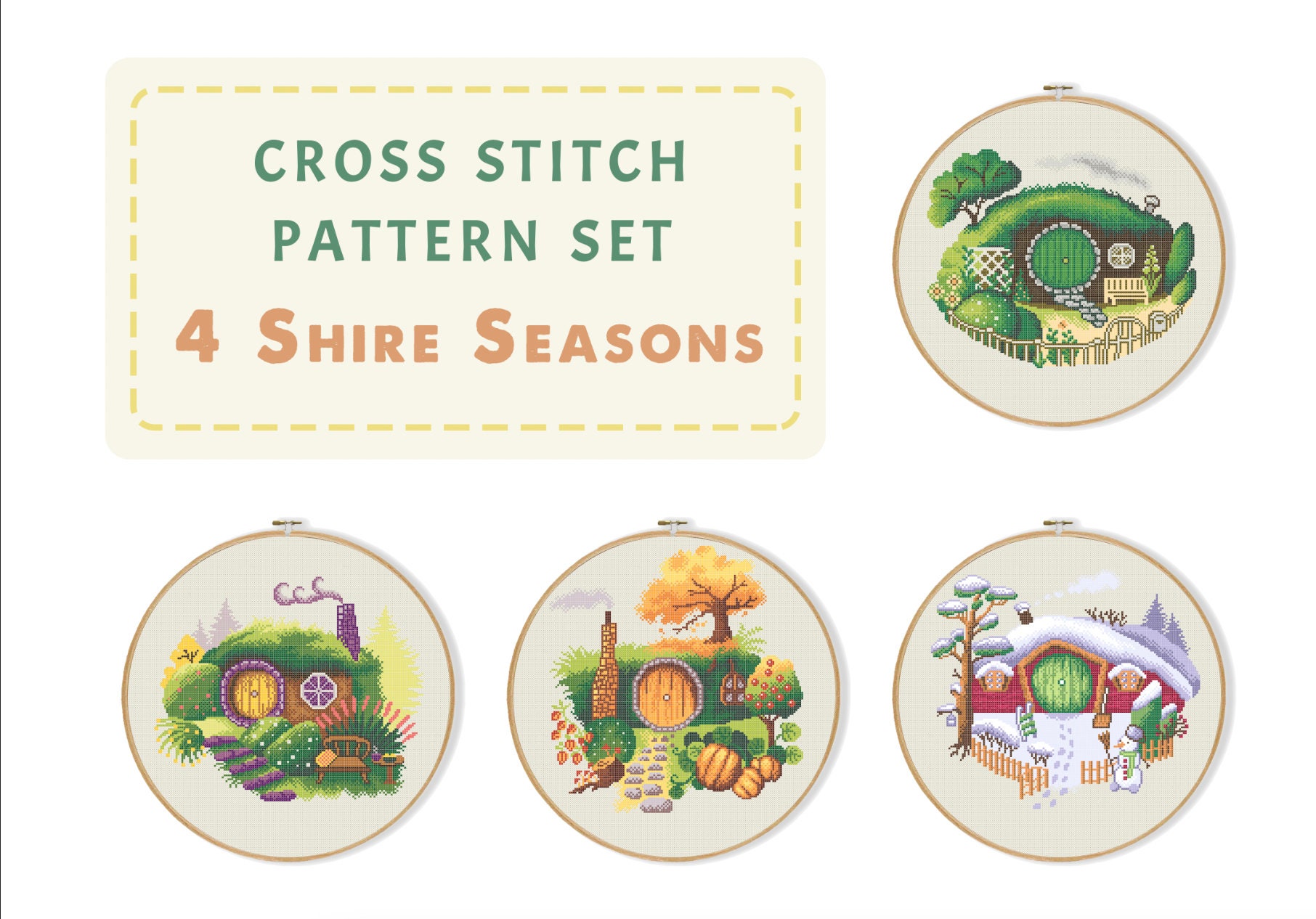 Set 4 Shire Seasons Cross Stitch Pattern, Fairy Tale House Needlepoint ...
