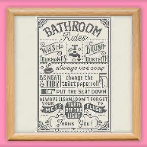 Bathroom Rules Cross Stitch Pattern, Monochrome Sampler Embroidery, Primitive Easy Home DIY Decor, One Color Sampler Xstitch, Family Home