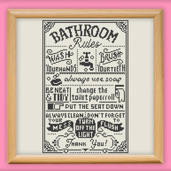 Bathroom Rules Cross Stitch Pattern, Monochrome Sampler Embroidery, Primitive Easy Home DIY Decor, One Color Sampler Xstitch, Family Home