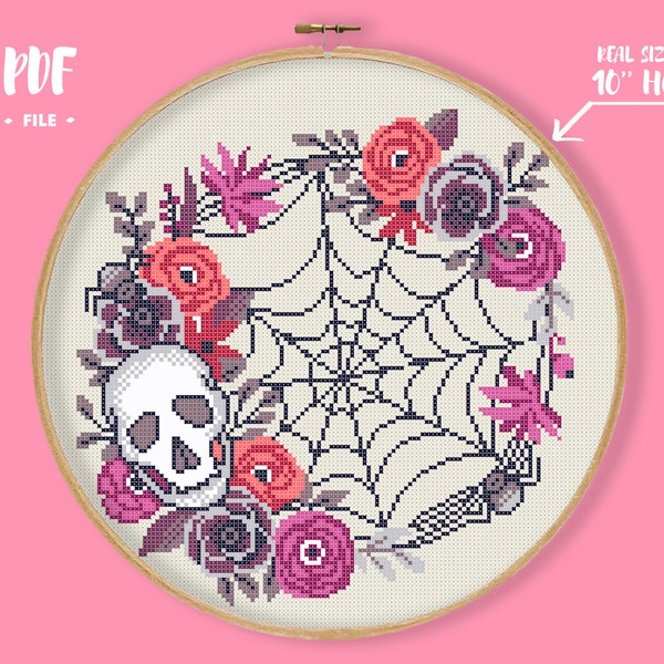 Gothic Web Wreath Cross Stitch Pattern, Skull Flowers Embroidery, Goth Spider Web Needlepoint, Gothic Floral Wreath Xstitch DIY Decor