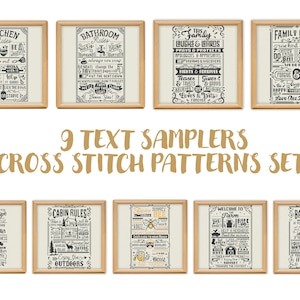 9 Text Sampler Kreuzstich Muster, Monochrome Zitat Stickerei, Housewarming Familie Geschenk Neues Zuhause Geschenk xstitch Primitive Easy Home DIY