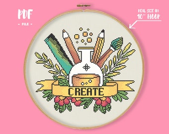 Create Cross Stitch Pattern, Floral Artist Embrodery ,Pensil Brush Paint Ruler Needlework, Inspirational Motivational Artist Present Craft
