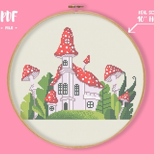 Roter Pilz Gebäude Kreuzstich Muster, Märchen Stickerei, Kleine Fee Haus Nadelspitze, Waldgeist roter Fliegenpilz xstitch