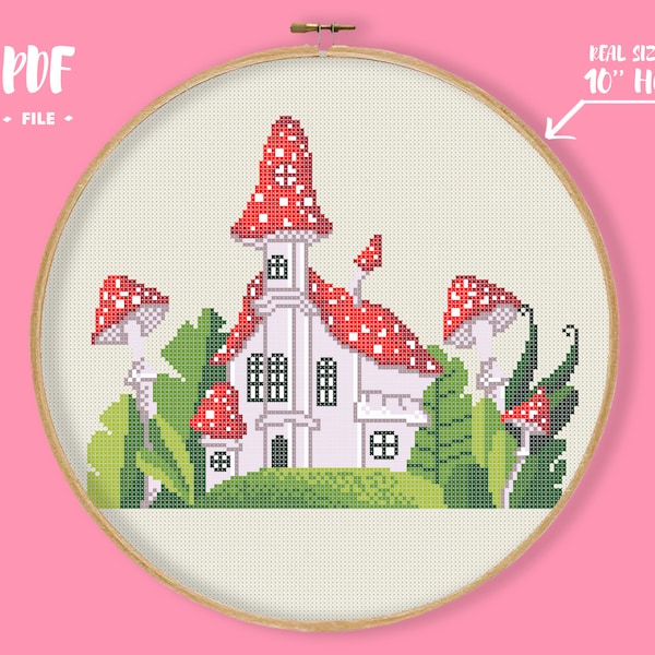 Red Mushroom Building Cross Stitch Pattern, Fairy tale embroidery, Little fairy house needlepoint, forest spirit red fly agaric xstitch