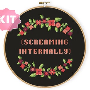 Screaming Internally Cross Stitch Kit, Funny Subversive Embroidery, Adult Quote Flower Wreath Decor, sassy needlepoint, friend gift