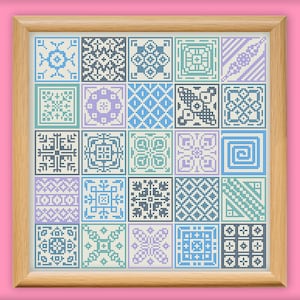 Mini Squares Sampler Cross Stitch Pattern, Simple Geometry Primitive Embroidery, Ornaments Small Square Needlework, Pillowcase Folk Pattern