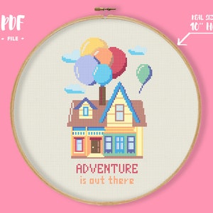 House with Balloons Cross Stitch Pattern, Cartoon Embroidery, Colorful house home needlepoint chart, cute nursery xstitch