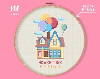 House with Balloons Cross Stitch Pattern, Cartoon Embroidery, Colorful house home needlepoint chart, cute nursery xstitch