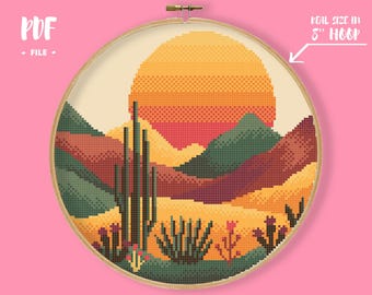 Round Desert Nature Cross Stitch Pattern, Landscape Embroidery, National Park Saguaro Cactus Needlepoint, Sunset Xstitch Cacti Chart