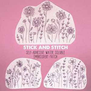 Stick And Stitch Wild Flowers 1, Trasferimenti per ricamo solubili in acqua, Ricamo lavabile staccabile e attaccabile, Stabilizzatore per decorazioni per vestiti Dissolve