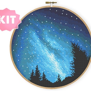 Milky Way In The Sky Cross Stitch Kit, Nature Embroidery, Night Forest Needlepoint, Starry Night Decor Xstitch Easy for Beginner