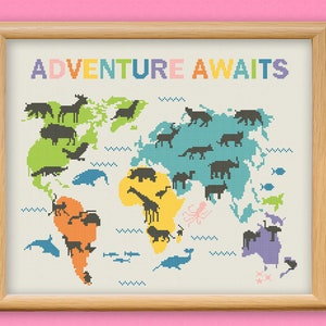 Weltkarte Kreuzstich Muster, bunte Kinderzimmer Stickerei, Tiere und Kontinente, pädagogisches süßes Dekor, Atlas für Kinder Kinderzimmer