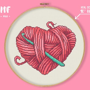 Heart Yarn Heart Cross Stitch Pattern, Knitting Decor, Embroidery Hobby Pink Thread, Crafter Needlepoint, Craft Chart Xstitch, Knitter Gift