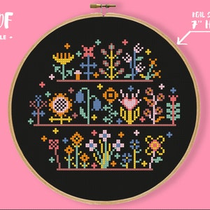 Folk Florals Cross Stitch Pattern, Colorful Plants Primitive Sampler Embroidery, Traditional Neon Needlepoint, Flowers Small Easy Xstitch