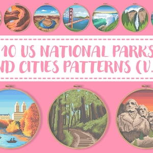 10 US National Parks and Cities (V 3) Cross Stitch Pattern, New York San Francisco Niagara Falls, Badlands Muir Woods Rushmore Xstitch