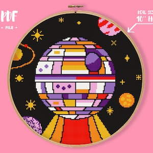 Space Ship #6 Cross Stitch Pattern, Colorful Star Embroidery, Galaxy Milky Way planets Embroidery, Machine funky cute nursery