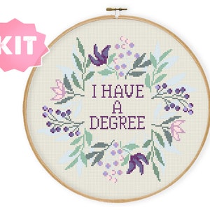 Kit de punto de cruz &quot;Tengo un título&quot;, bordado de corona de flores violetas, regalo educativo de graduación, regalo de PhP Magister Uni
