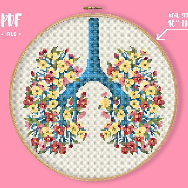 Floral Lungs Cross Stitch Pattern, Floral Anatomy Embroidery, Human Body Needlepoint, Flowers in Lungs, Breath Nature Xstitch Chart