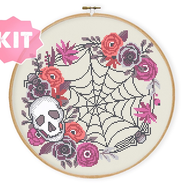 Gothic Web Wreath Cross Stitch Kit, Skull Flowers Embroidery, Goth Spider Web Needlepoint, Gothic Floral Wreath Xstitch DIY Decor
