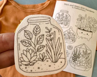 SS30 Succulents Stick And Stitch, Water soluble Embroidery Transfers, Peel and Stick Washaway Embroidery, Clothes Decor Stabilizer Dissolve