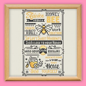 May include: A yellow and black bee with the text "Advice Honey From A Bee" and a list of bee-themed sayings, including "Create A Buzz", "Work Together", "Sip Life's Sweet Moments", "Stick Close To Your Honey", "Mind Your Own Beeswax", "Always Find Your Way Home", and "Bee Yourself".