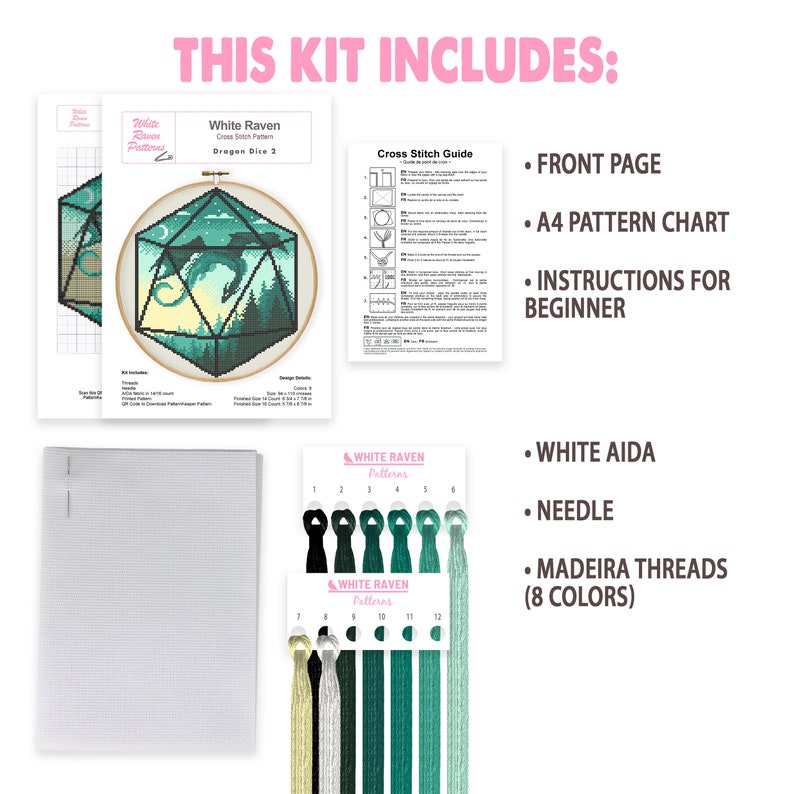 Peut inclure: Kit de point de croix avec un motif de d&eacute; &agrave; jouer de dragon g&eacute;om&eacute;trique vert et bleu. Le kit comprend un tableau de motifs imprim&eacute;, une toile Aida, du fil &agrave; broder et des instructions pour les d&eacute;butants.