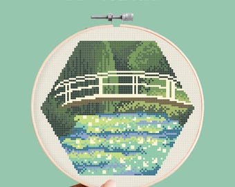 Hex-art Monet Lilies Pond Cross Stitch Pattern, mini masterpiece embroidery, famous artist painting needlepoint, small fine art xstitch