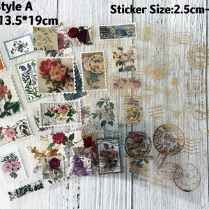 Autocollant de timbre-poste, série de timbres-poste rétro, forêt, fleurs, femme illustrée, galerie d'art, ville, décoratif, éphémère, feuille d'or, journal indésirable