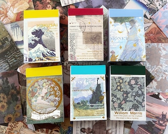 May include: Six small, colorful notebooks with yellow, red, blue, turquoise, green, and gold covers. Each notebook features a different artist and artwork, including Hokusai's "The Great Wave off Kanagawa", Monet's "Water Lilies", Van Gogh's "Starry Night", and William Morris's floral pattern. The notebooks are perfect for journaling, note-taking, or sketching.