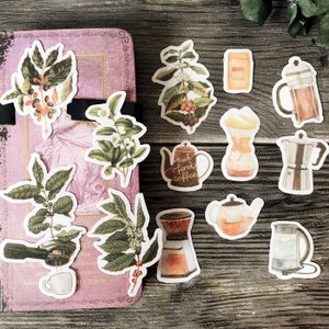 13 autocollants vintage Coffee Life, paquet d'autocollants éphémères, journal indésirable, agenda, cafetière, plantes