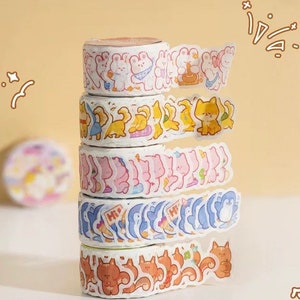 Joli rouleau d'autocollants en Washi pour animaux, Joli rouleau d'autocollants en Washi pour zoo, Lapin, Chat, Pingouin, Shiba, Éphémères, Découpé à l'aide d'un poinçon, Décoration, Travaux manuels, Fournitures de journaux