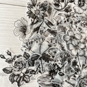 55 pièces autocollant fleurs noir et blanc vintage grande taille paquet d'autocollants floraux autocollant décoratif journal indésirable papier translucide