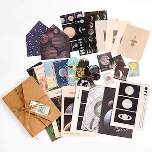 Kit mixte de 30 autocollants spatiaux,autocollants univers,phases de lune,étiquettes,enveloppe,carte postale,papier éphémère,papier,papier décoratif,fournitures de journaux