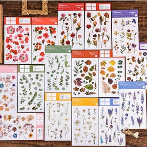 2 feuilles d'autocollants à enduire aquarelle fleurs séchées autocollant de transfert fleurs plantes feuilles artisanat décoratif pour journal papeterie