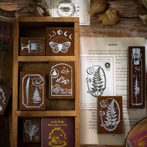 timbres floraux en bois vintage, tampons en caoutchouc en bois sur le thème de la forêt, timbre de journal décoratif, éphémères, journal de ferraille