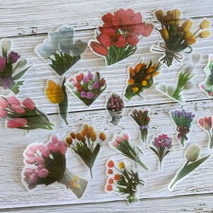 20 autocollants de fleurs, bouquet d'autocollants, décoratifs pour journal, scrapbooking, papeterie, papier translucide