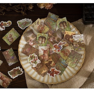 Autocollant 60 fleurs en Washi, autocollant femme vintage, autocollant fée fleur, champignon, animal, botanique, éphémère, artisanat, fournitures de journal