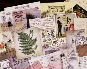 May include: A collection of vintage ephemera, including botanical illustrations, architectural drawings, and text fragments. The papers are in various shades of brown, cream, and white, with some featuring black ink.