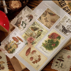 60 autocollants pour timbres, série Time Post Office, époque moderne, image de forêt, signe de la main d'une plante, carnet de notes, autocollant décoratif, fournitures de journal