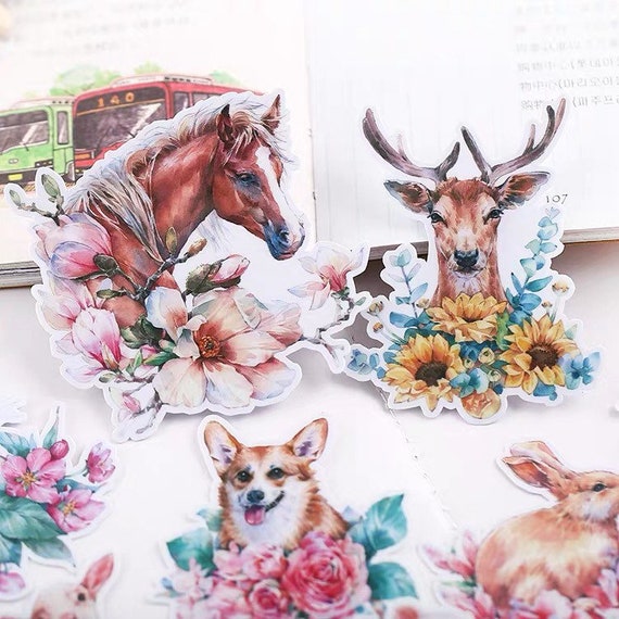 Floral Animal Stickers, Vinyl Paper, Journal Embellishments (14 Pcs)