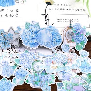 21 autocollants hortensias, autocollant fleur bleue, autocollant découpé, jardin, scrapbooking, éphémères, décoratif pour journal, papier vinyle